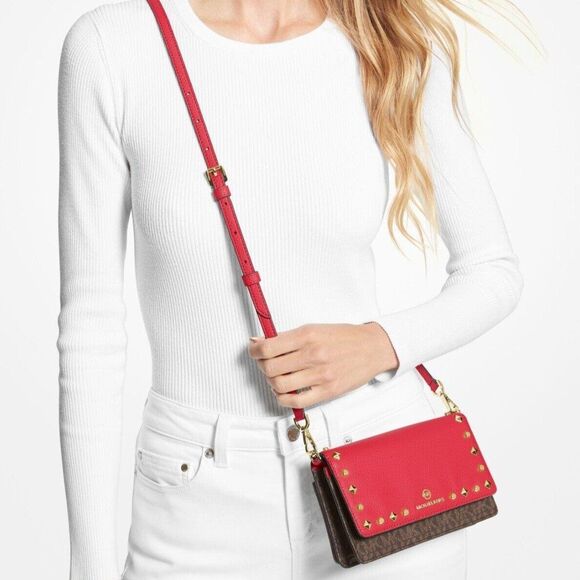New Michael Kors Jet Set Charm Small Studded Smartphone Crossbody Crimson - Picture 3 of 4